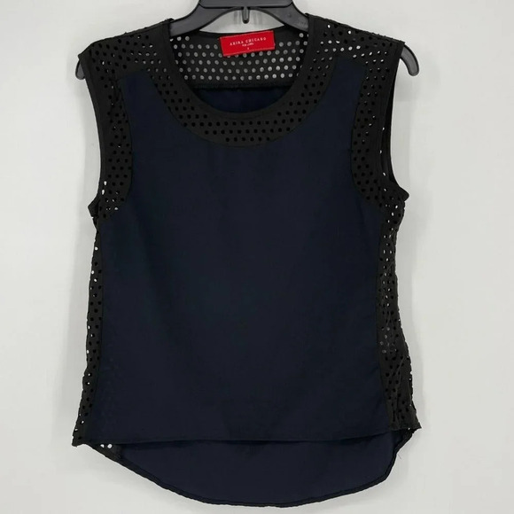 Akira Chicago Red Label Blouse Women Sz S Black Perforated Hi Low Hem Wide Strap - Picture 1 of 6